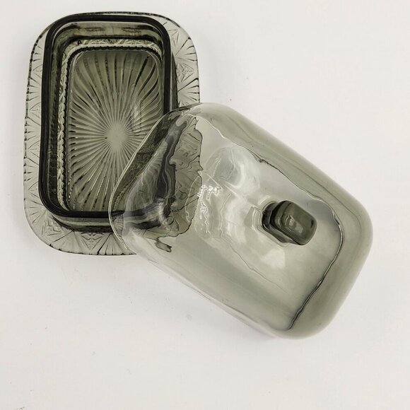 Vtg Smoky Quartz Glass Oversized Butter Cheese Dish Covered Lid Cut Design - Picture 5 of 9